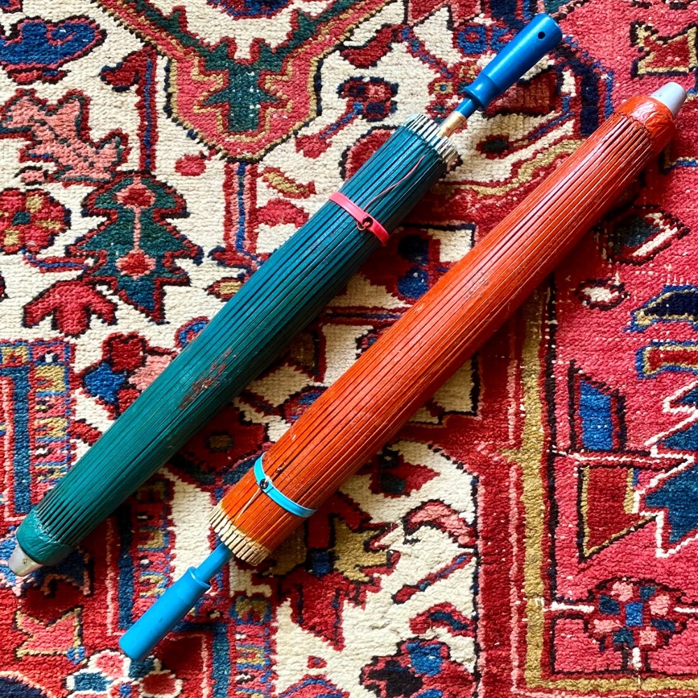 Rice Oil Paper Bamboo Parasol Umbrella Blue Red Fuzhou China 1960s *NEVER USED*